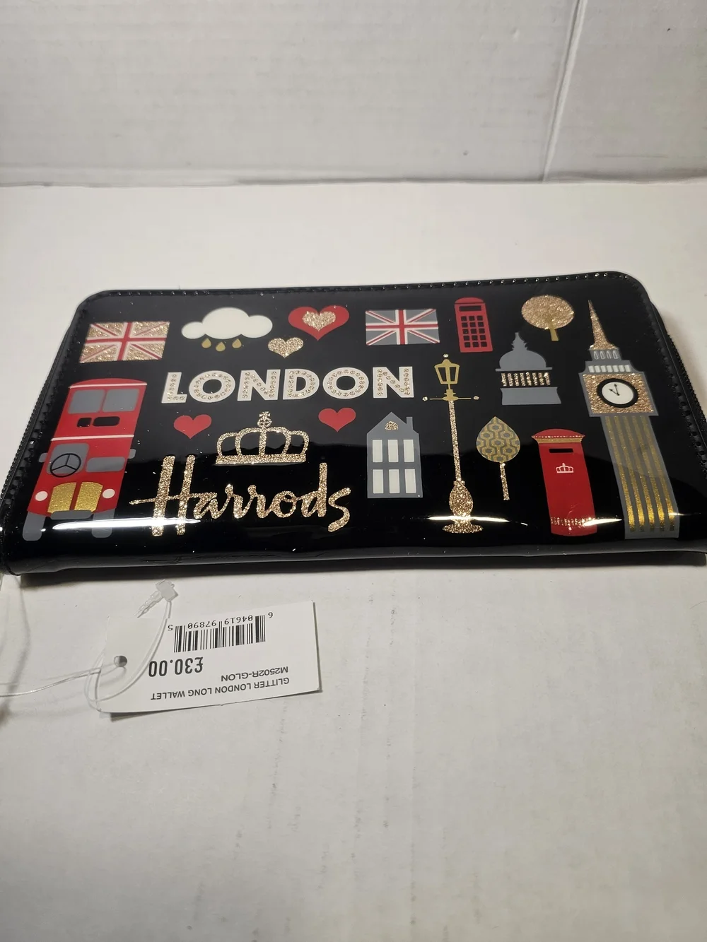 Harrods London Icons Zip Around Wallet Black Patent Glitter Souvenir Clutch